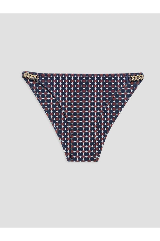 Navy Blue Patterned Women's Bikini Bottom with Chain Detail