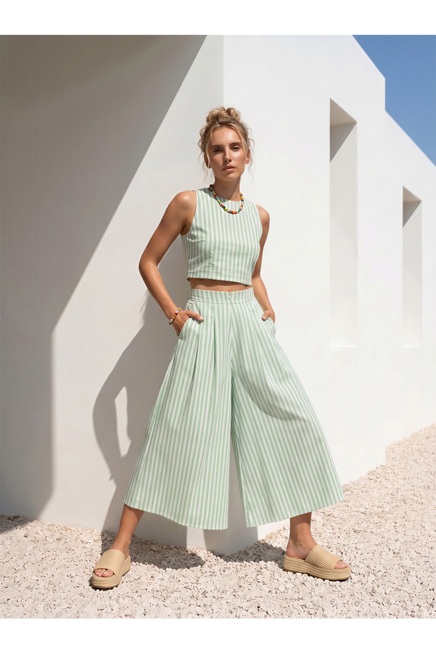 Green and White Striped Kali Pants Skirt and Crop Blouse Set