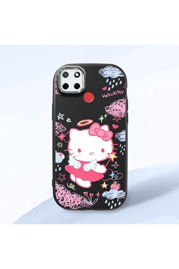 Realme C25S Compatible Case Camera Protector Black Silicone Couple Phone Case with Kitty Pattern