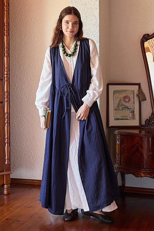 Side-Tie Double-Breasted Gilet Navy Blue