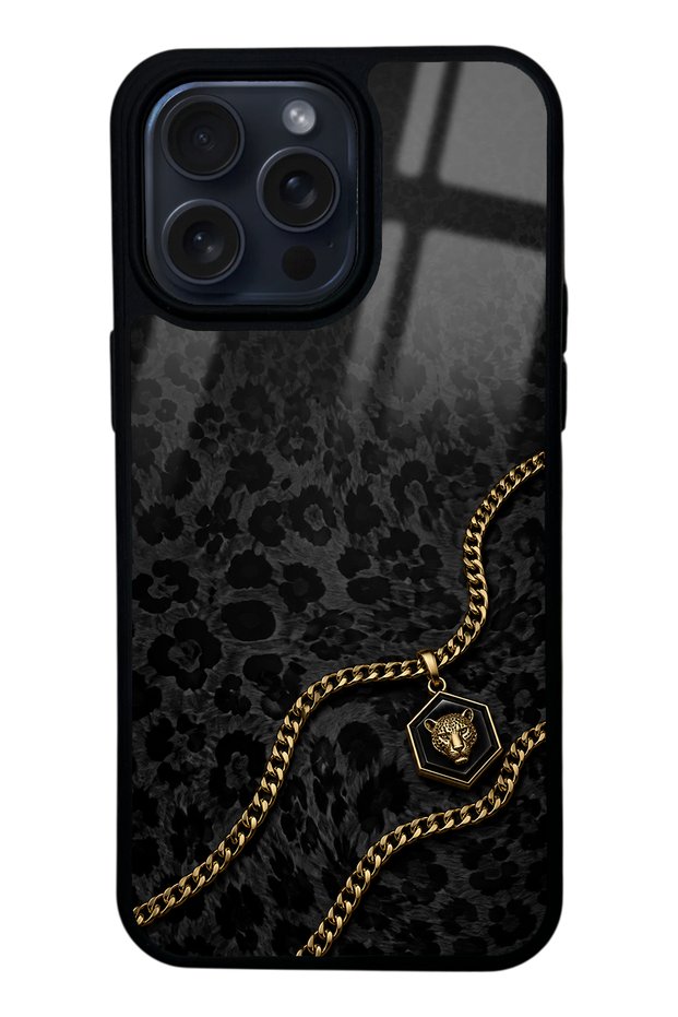 iPhone 15 Pro Max Black Panther Gold Design Glossy Phone Case