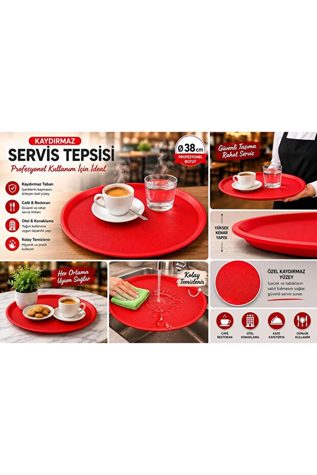 38 cm Non-Slip Base Serving Tray Red (Hotel-Cafe-Restaurant)