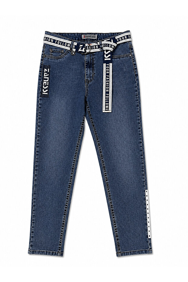 Plus Size Belted Lycra Stoned Denim Women's Trousers