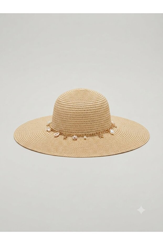 Enıf Premium 100% Natural Paper Beach Hat - Straw Hat with Gold Chain, Shell and Pearl Detail