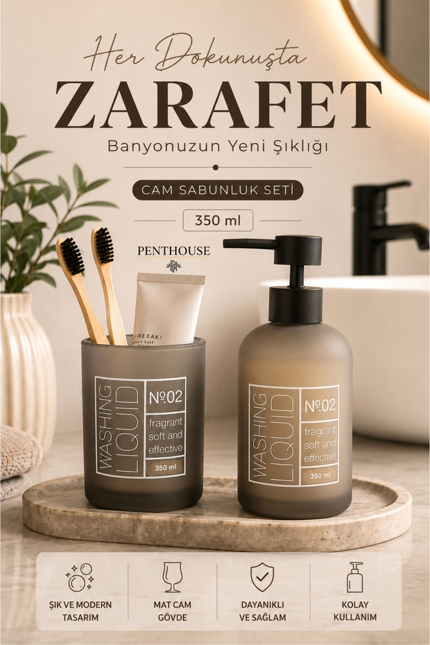 Matte Glass 2-Piece Bathroom Soap Dispenser Set Liquid Soap Dispenser and Toothbrush Holder Modern Bathroom Accessory with Black Pump 350 ml