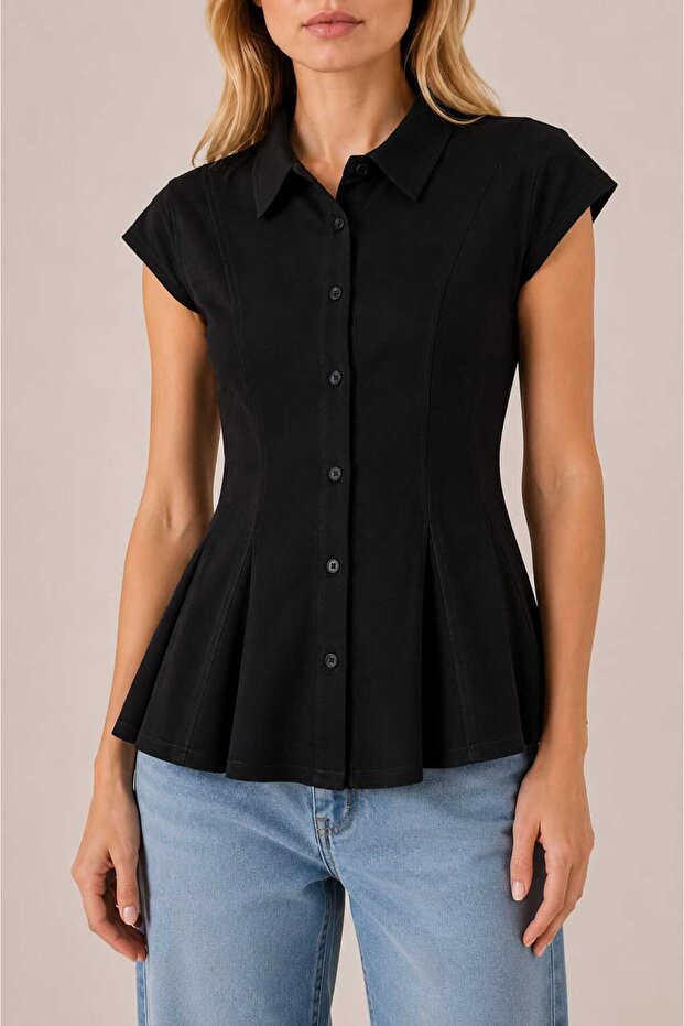 New Season Modern Linen Buttoned Short Sleeve Flounce Women's Shirt