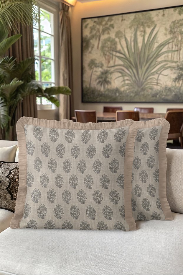 Floral Design Linen Fringed Pillowcase - Botanical Country Beige Gray Mink Tassel Throw Pillow Cover