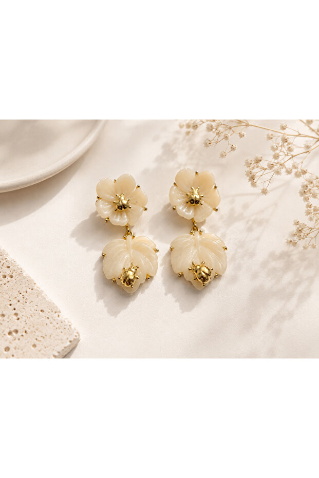 Ladybug Detailed Cream Flower Xuping Dangle Women's Earrings