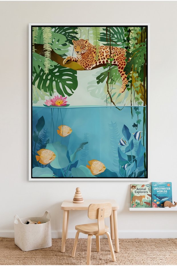 Tropical Wildlife Above and Below Kids Wall Art | Portrait Framed Canvas Print | Luxury Modern Decor for Kids Room