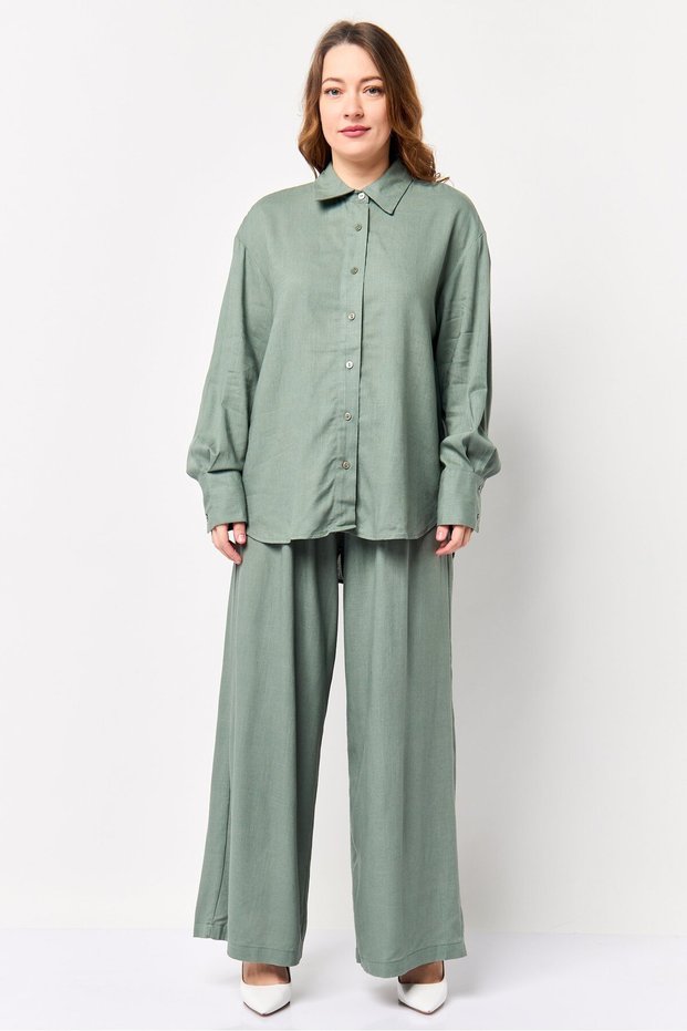 Jeans Co Women 2 Pieces Plain Shirt And Palazzo Pants Set, Sage Green