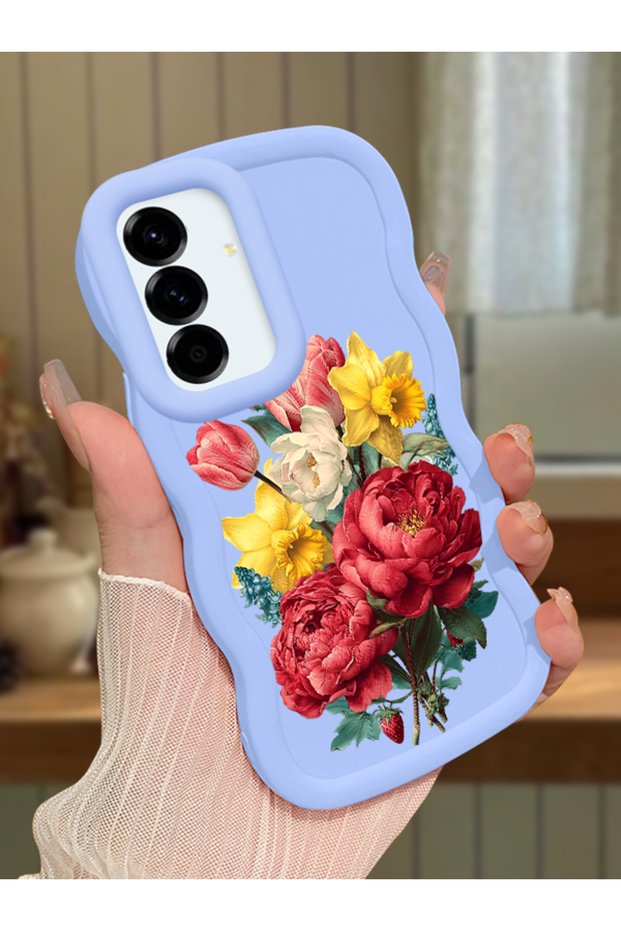 Samsung Galaxy A56 Compatible Case Camera Protector Blue Silicone Couple Phone Case Floral Pattern