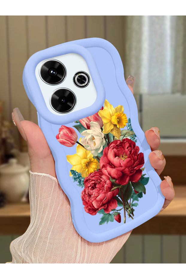 Redmi 13X Compatible Case Camera Protector Blue Silicone Couple Phone Case Floral Pattern