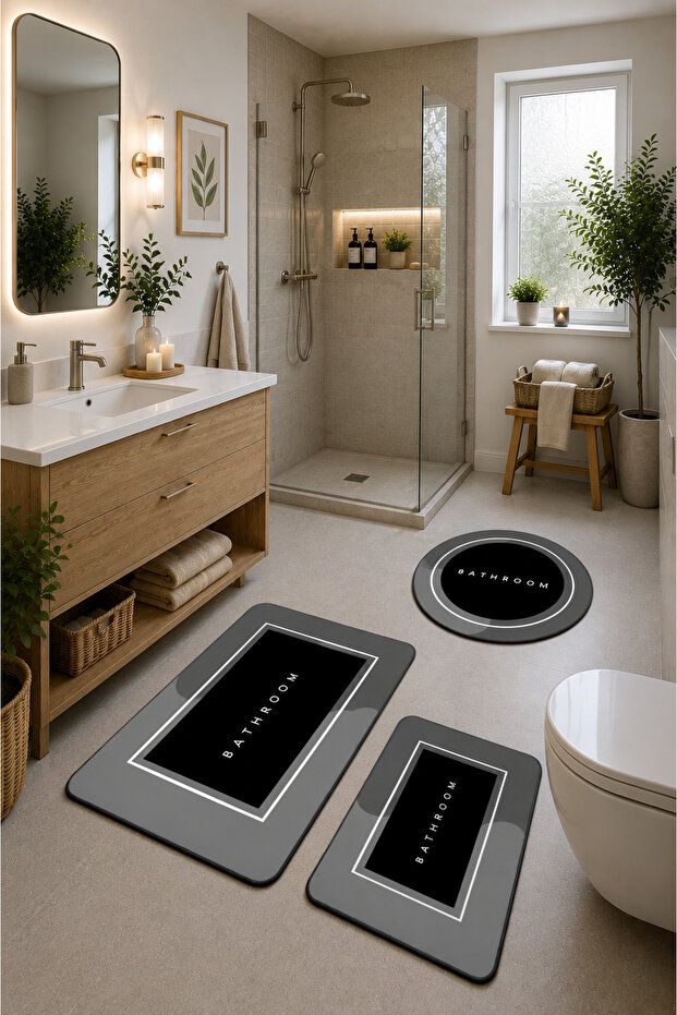 Non-Slip Based Washable 3-Piece Round Black Bath Mat and Toilet Set – Bathroom Rug