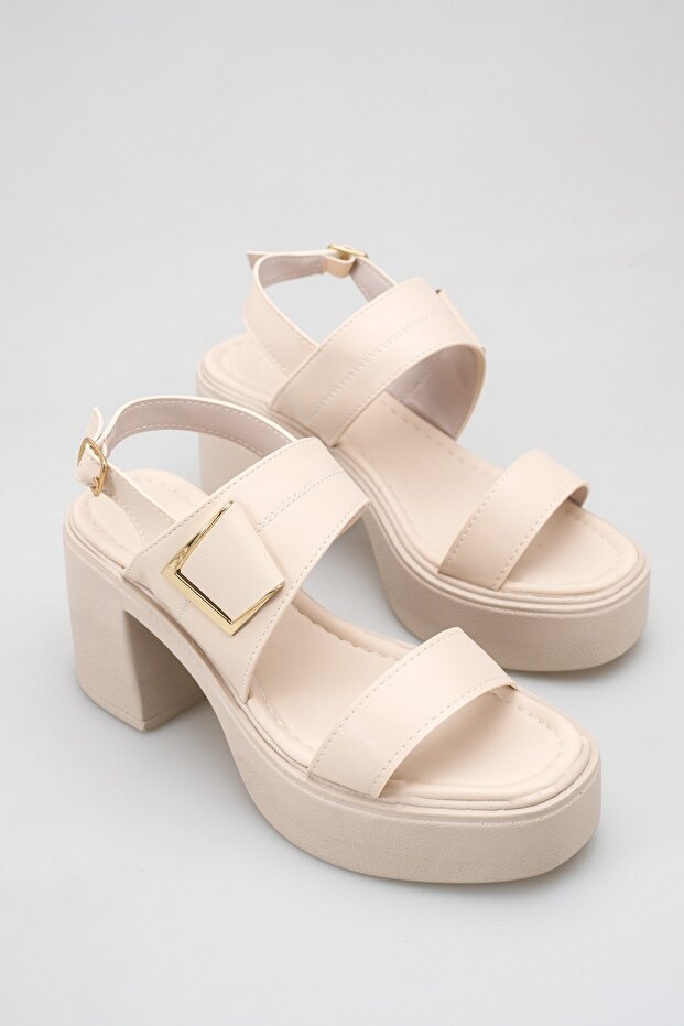 Women's Beige Thick-Heeled Sandals with Open Back, Casual Shoes