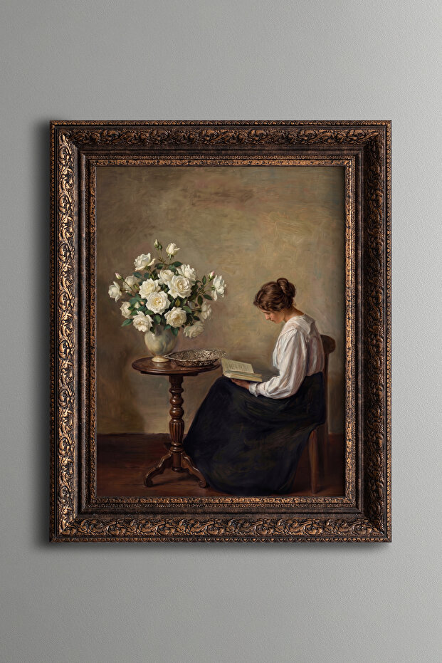 Woman Reading a Book and White Roses - Vintage Patterned Painting - Thick Model