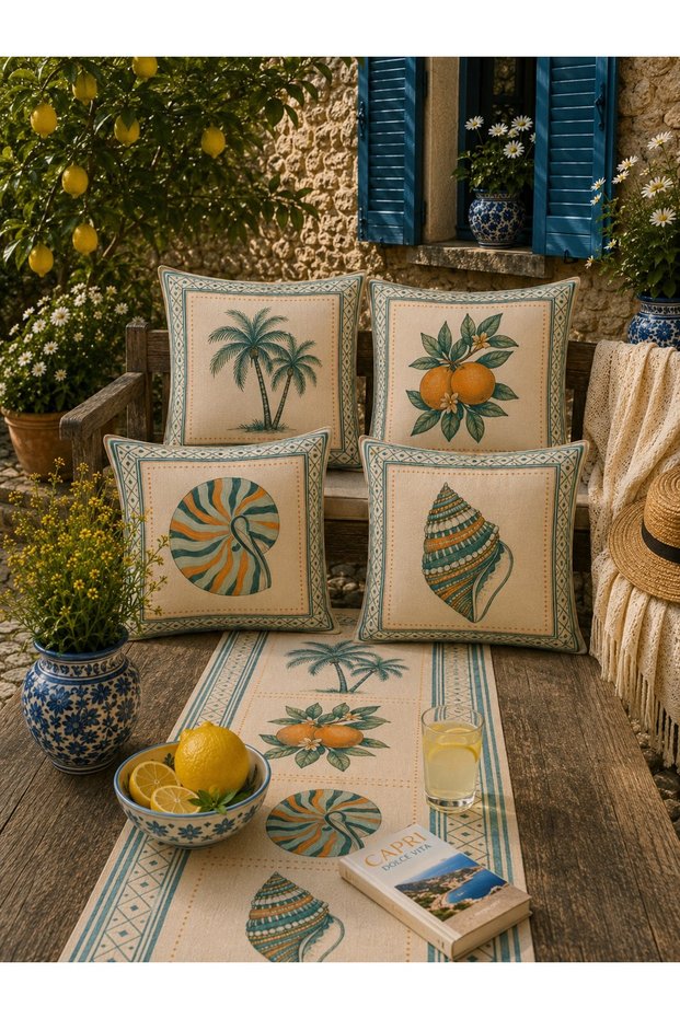 Coastal Themed 4-Piece Decorative Throw Pillow Cover and Runner Set Printed Living Room Set
