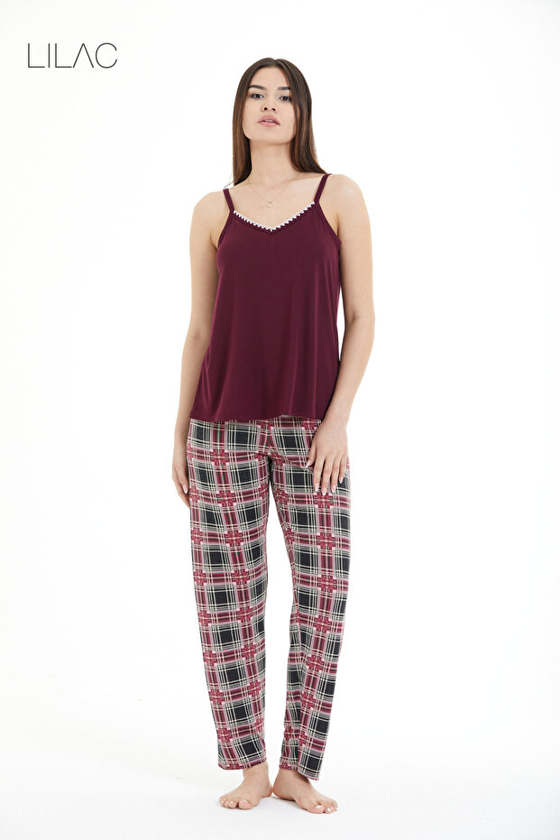 Women's 95% Viscose Burgundy Plaid Shepherd Stitched Pajama Set