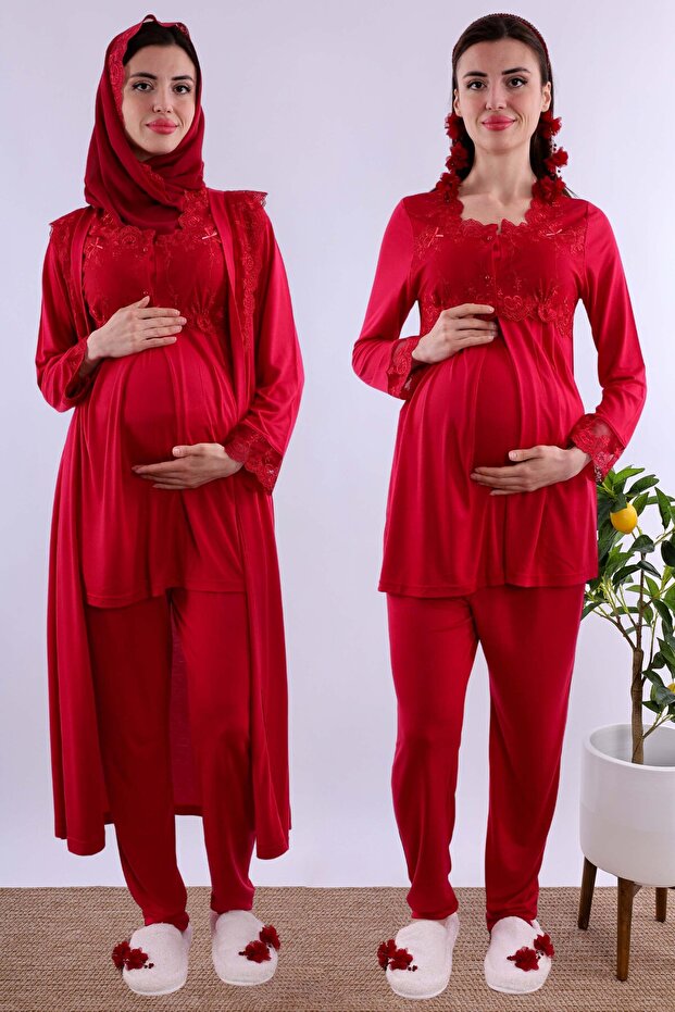 Long Robe Maternity Pajama Set with Hijab and Breastfeeding Feature Effortt - Cherry