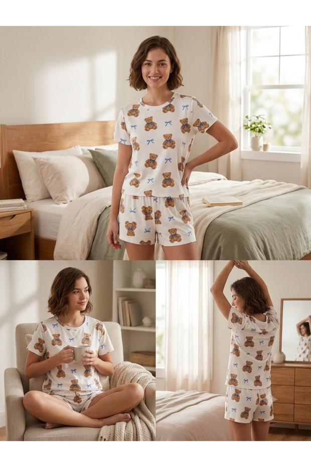 Teddy Breeze Women's Cotton Teddy Bear Patterned Shorts Pajama Set
