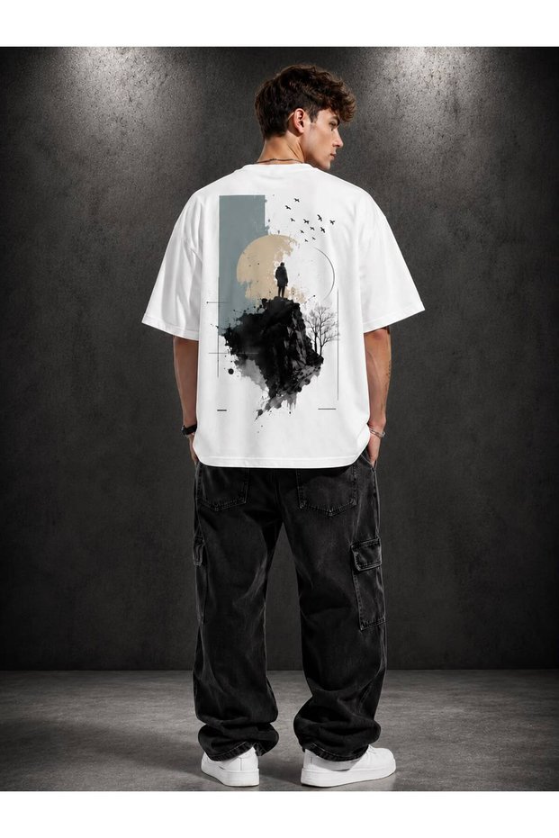 Nature Themed Graphic Printed Oversize White T-Shirt
