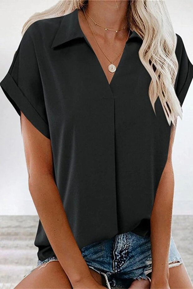 Women's Short Sleeve Collared Woven Viscose Blouse
