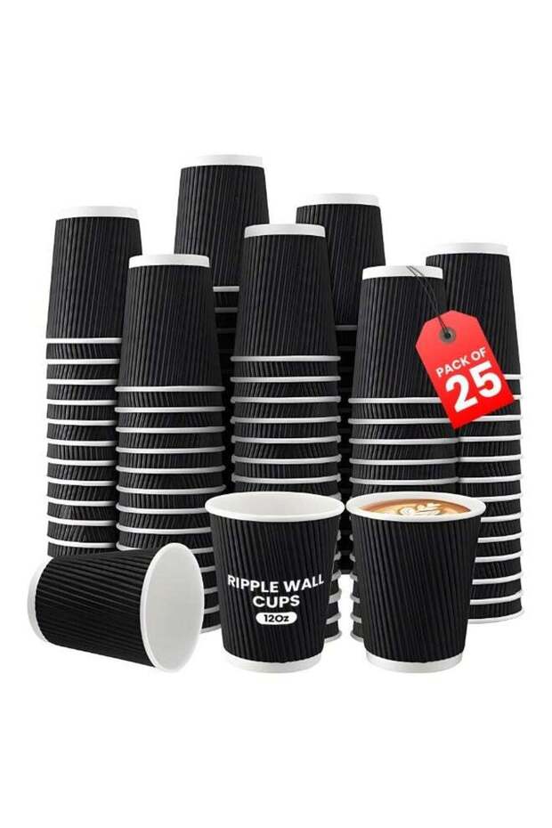 Disposable Coffee Cups, Black Ripple Wall Insulated Paper Cups, 12 oz, 25 Pack, Hot and Cold Beverage Cups for Office/Party/Cafe