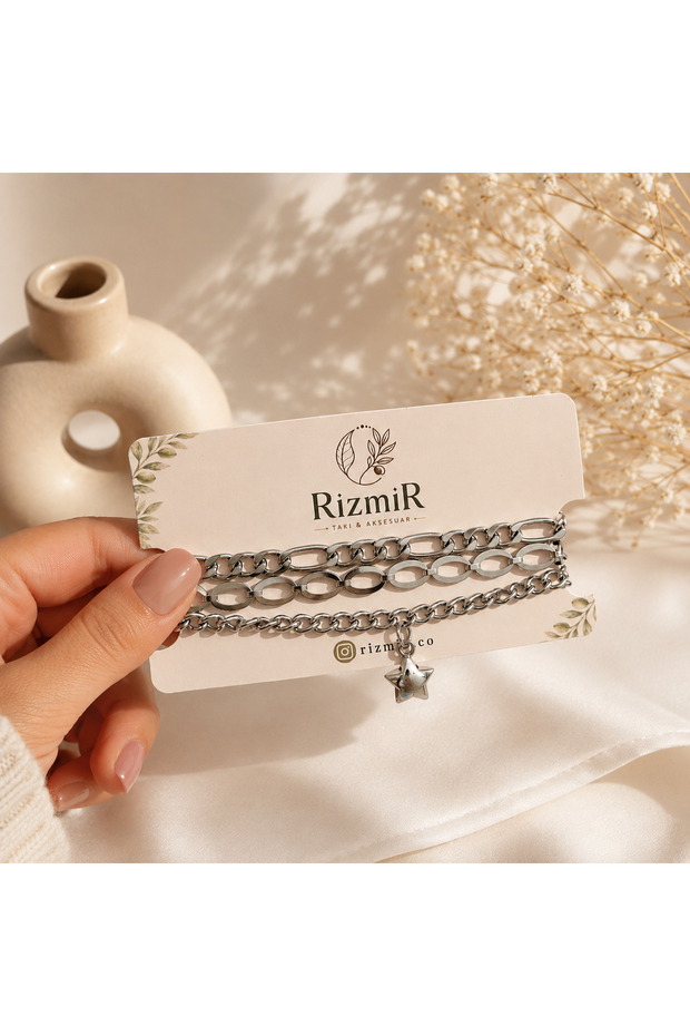 Silver Color 3-Piece Chain Bracelet Set with Star Figures