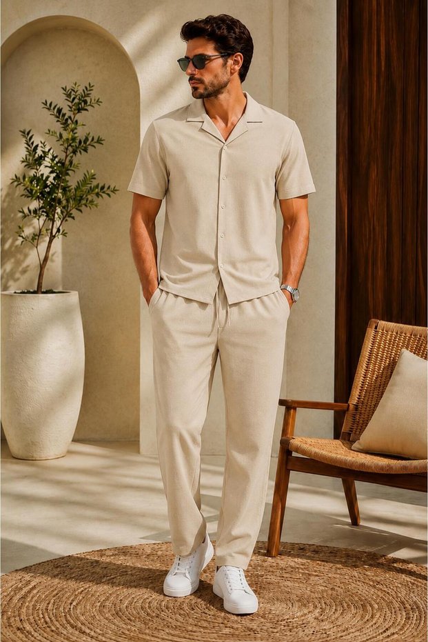Rooy Wrinkled Crinkle Fabric Summer Lycra Men's Shirt and Pants Set