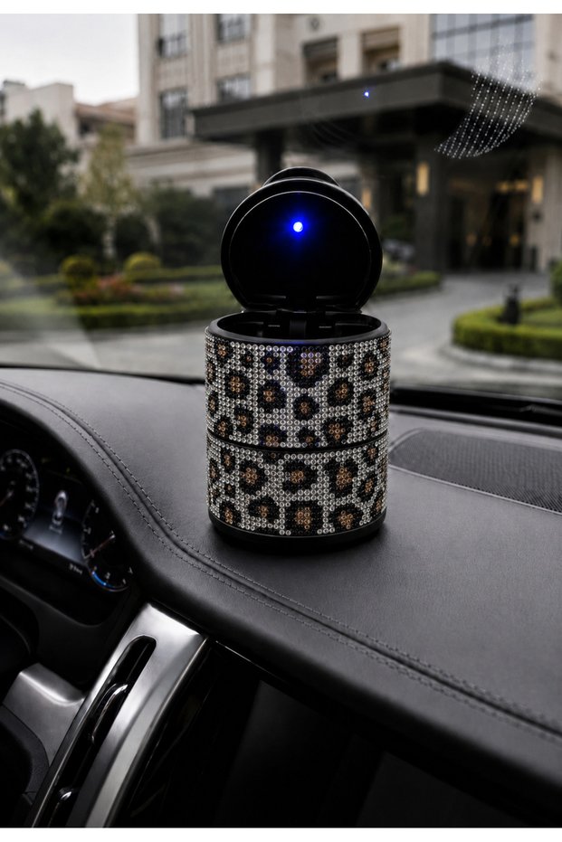 Open Leopard Patterned Crystal Stone Ashtray with Silver Stones, Car Interior Organizer