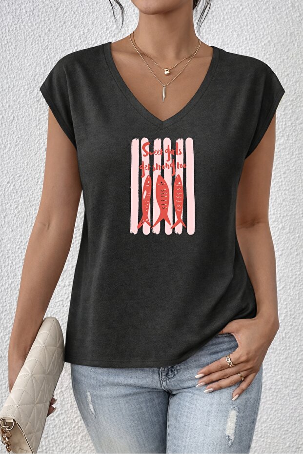 Women's Mix Printed V-Neck Sleeveless Regular Fit Comfortable T-Shirt