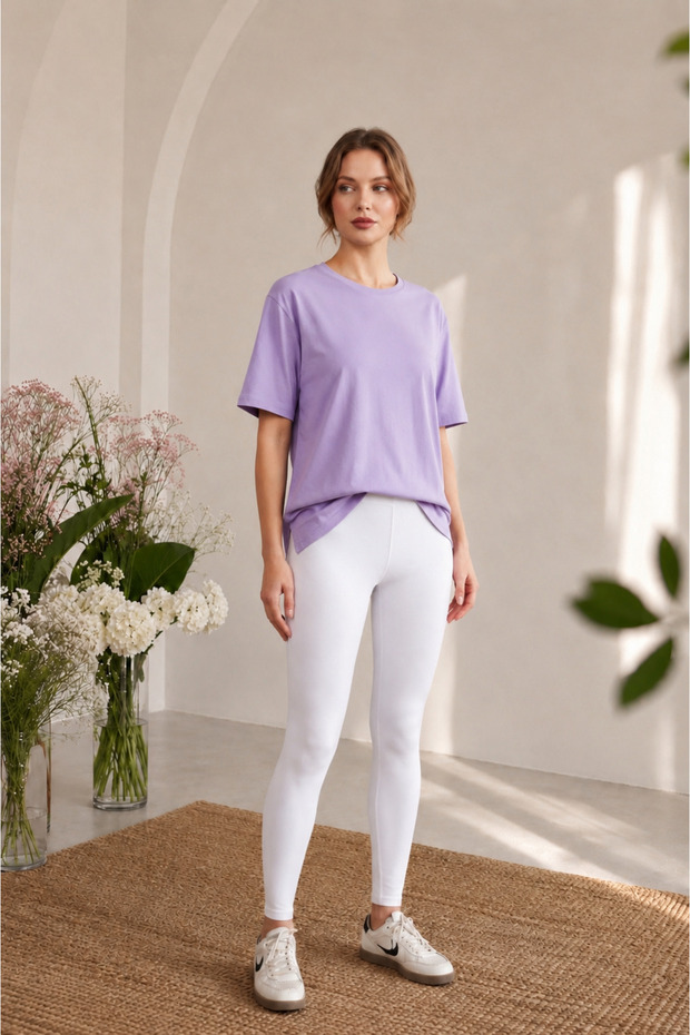 Purple Crew Neck Basic Women's T-Shirt 100% Cotton Side Slits Short Sleeve Casual Comfortable Cut