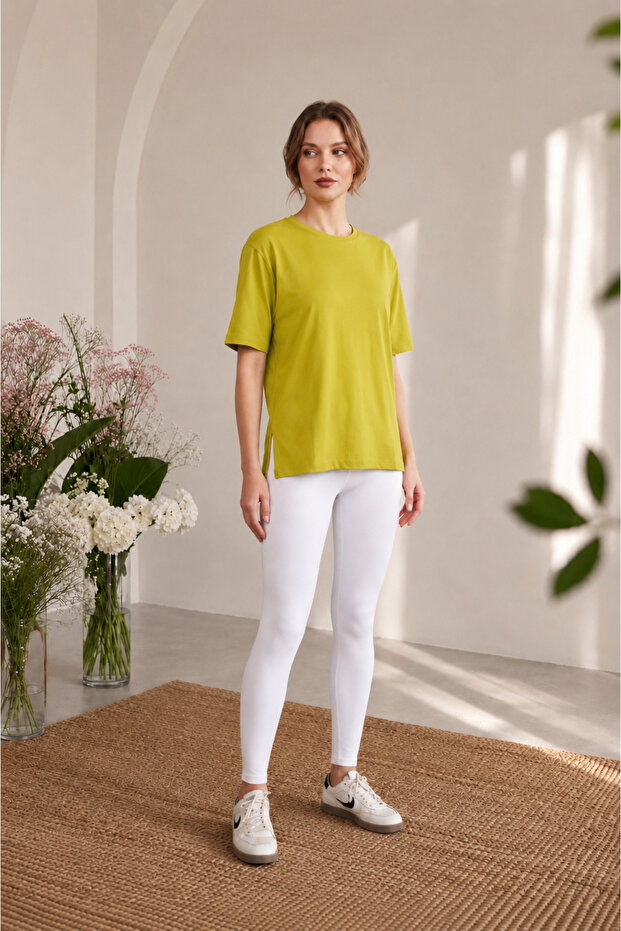 Green Crew Neck Basic Women's T-Shirt 100% Cotton Side Slits Short Sleeve Casual Comfortable Cut