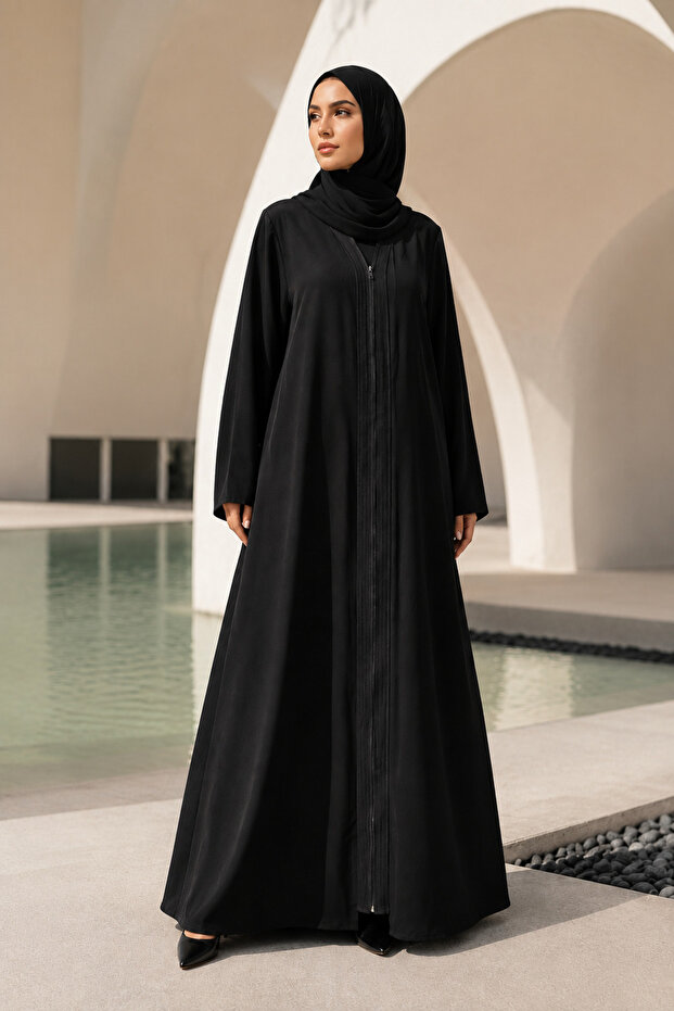 Premium Women's Front-Zip A-Line Abaya in Black