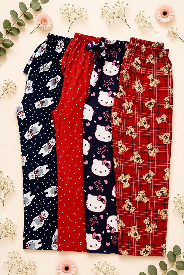 4-Piece Women's Suede Pajama Bottom Set with Red Heart, Teddy Bear and Navy Blue Hello Kitty Patterns