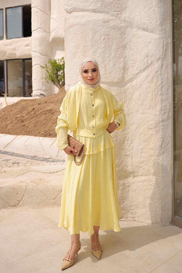 Yellow Snap Button Shirt and Skirt Set