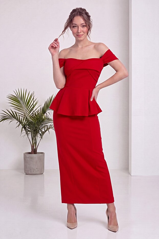 Women's Peplum Skirt Blouse Double Set Off-Shoulder Red