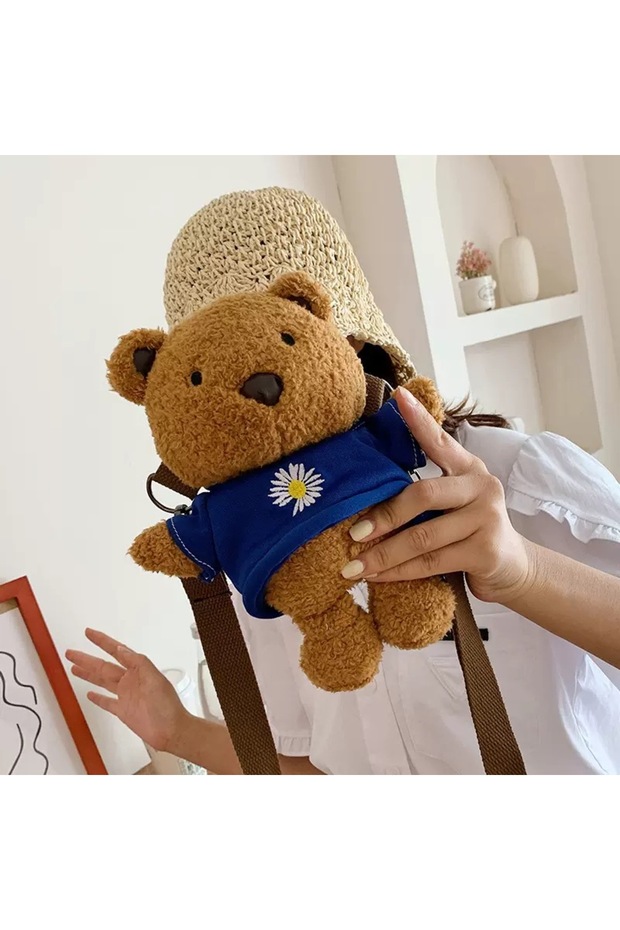 Teddy Bear Brown Moonlight Plush Shoulder Bag Floral Embroidered Crossbody Women's and Children's Sling Bag
