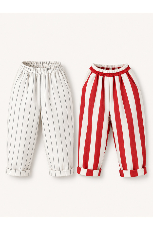 2-Pack Carrot Pants 100% Cotton Red and White Thick Stripes and Black and White Thin Stripes