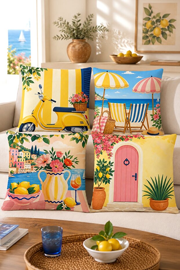 Coastal Patterned 4-Piece Throw Pillow Cover Set