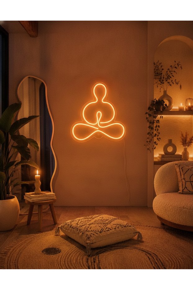 Yoga Meditasyon Figürlü LED Neon Duvar Tablosu | Amber Aydınlatmalı Modern Dekor | Salon