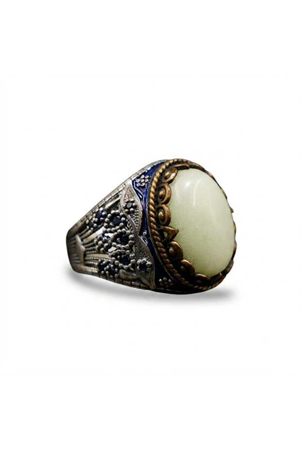 925 Sterling Silver Men's Power Stone Ring 12x26mm Cream Oval Cabochon Ottoman Style