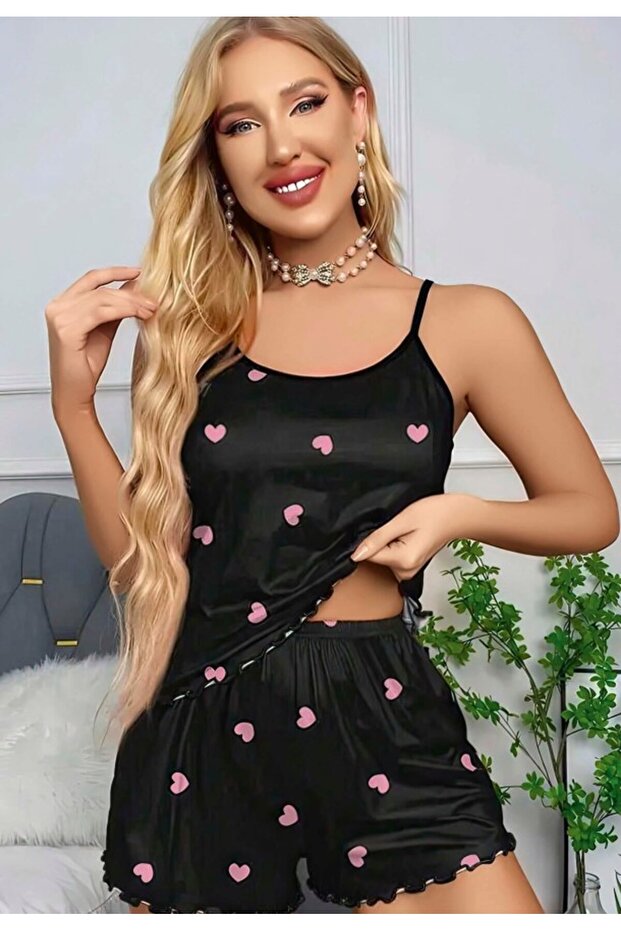 Women's Black Heart Patterned Suspender Shorts Nightgown Set