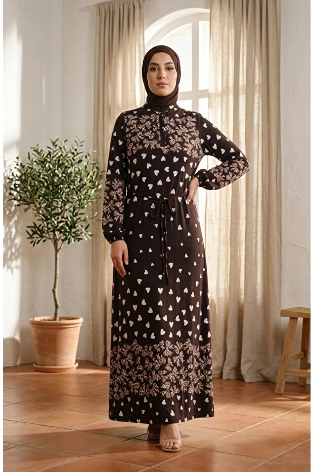 Viscose Fabric Heart Patterned Hijab Dress 0337-04 Brown