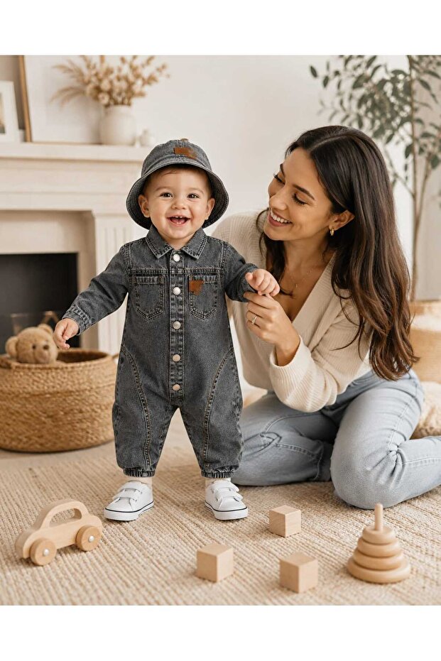 Unisex Kids Baby Jeans Overalls with Hat (6/9/12/18) Months