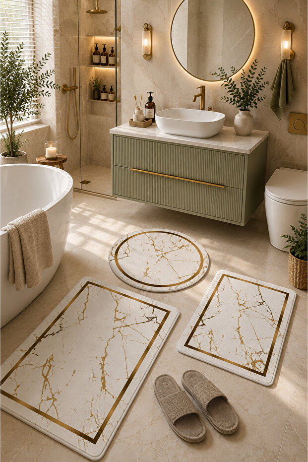 Non-Slip Based Washable 3-Piece Round White Bath Mat and Toilet Set Modern Bathroom Rug