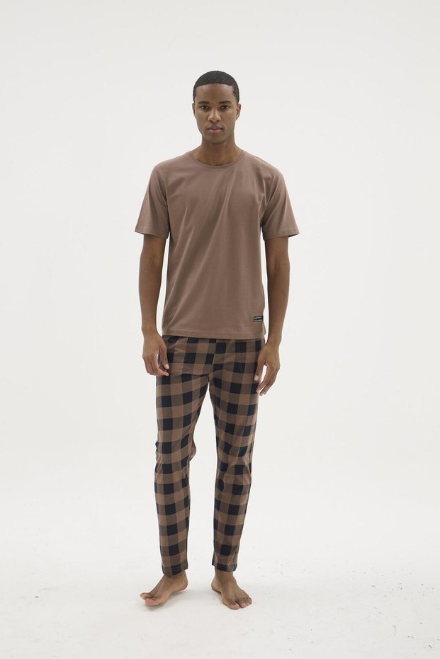 Men's Short Sleeve Checkered Bottom O-Neck Coffee Pajama Set C8T9N02