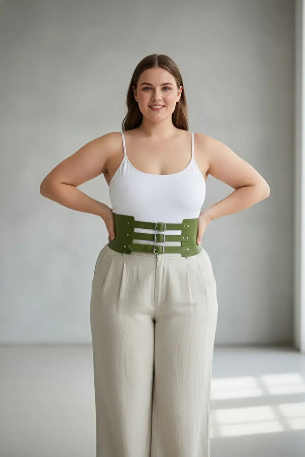 Plus Size Khaki Women's Belt Corset Style Three Buckle Wide Leather