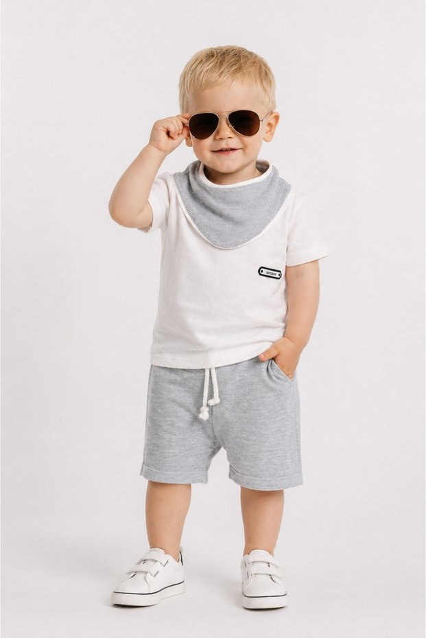 Baby Muslin Summer Shorts Set – 100% Cotton Soft Textured T-Shirt, Shorts and Scarf Set