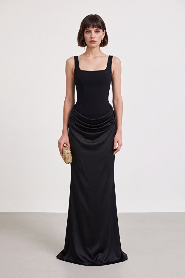 Women's Black Square Neck Strap Long Mermaid Evening Dress