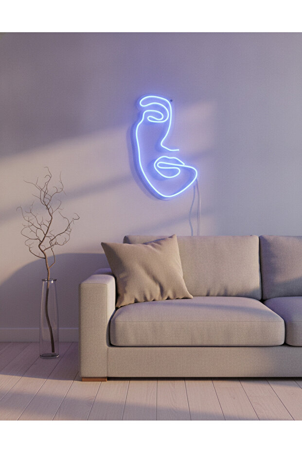 Soyut Yüz Figürlü LED Neon Duvar Tablosu | Mavi Aydınlatmalı Modern Dekor | Salon - 1